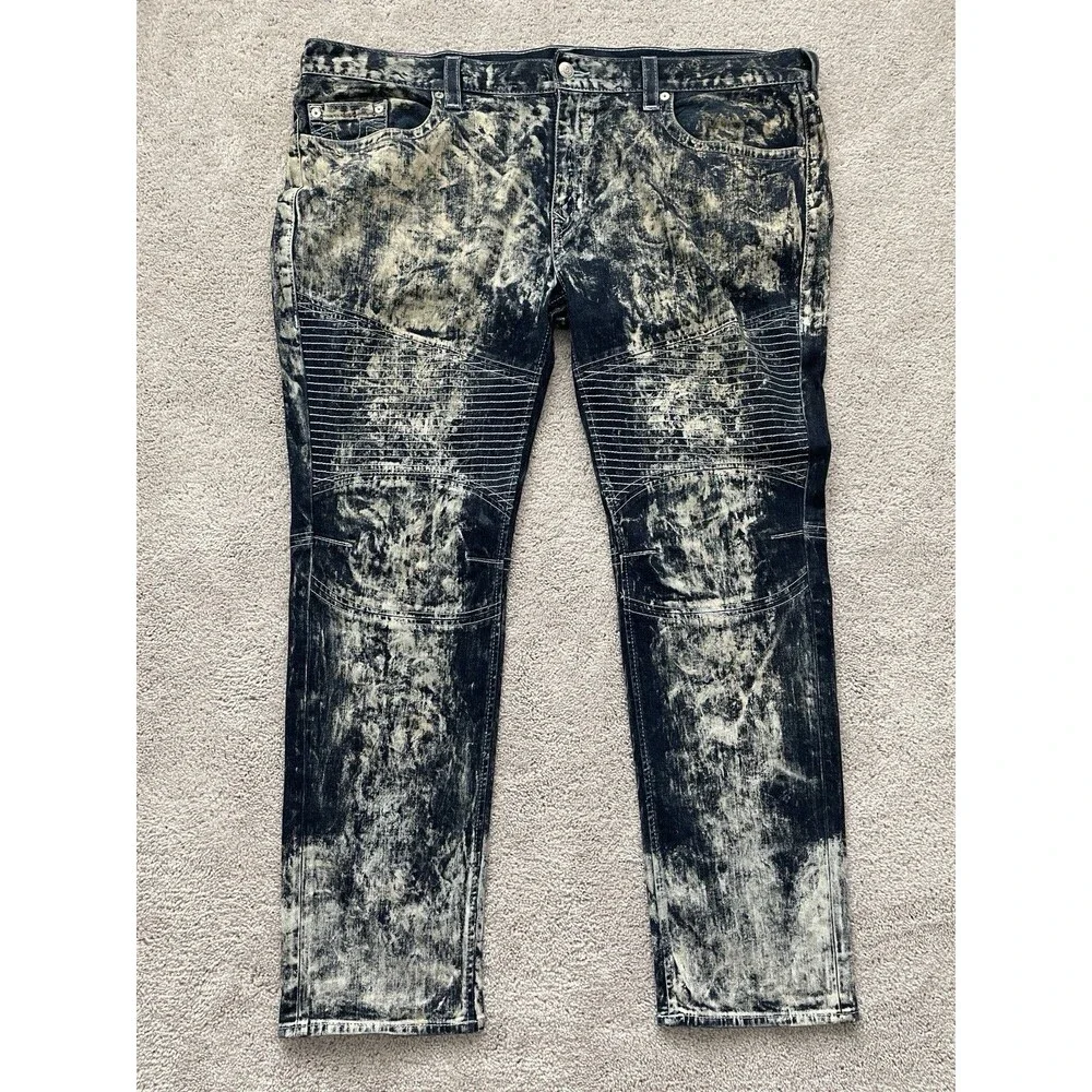 True Religion Rocco Moto Skinny Leg Jeans Mens 46x33 Acid Wash Flex Knee Stretch